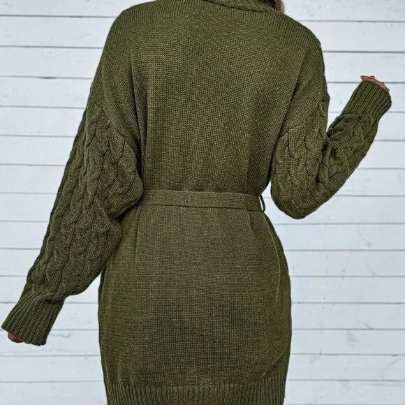 Army Green Casual Women's Solid Color Cable Knit V-Neck Cardigan - Picture 2 of 6